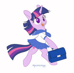 ascot bottomwear briefcase clothing female feral horn running school_uniform simple_background skirt smile solo uniform ponionyy friendship_is_magic hasbro my_little_pony mythology twilight_sparkle_(mlp) equid equine mammal mythological_creature mythological_equine unicorn
