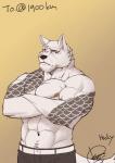 abs anthro biceps big_muscles black_nose bottomwear clothed clothing crossed_arms facial_hair fur looking_at_viewer male muscular muscular_anthro muscular_male nipples pants pecs solo standing tattoo topless white_body white_fur husky_(artist) koreanhusky canid canine canis mammal wolf absurd_res hi_res