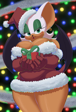 aged_up anthro armwear bedroom_eyes bell big_breasts blush breasts christmas_clothing christmas_decorations christmas_headwear christmas_lights clothing ear_piercing ear_ring elbow_gloves eyeshadow fangs female gift_wrapped gloves handwear hat headgear headwear holidays jingle_bell looking_at_viewer makeup mature_female membrane_(anatomy) membranous_wings narrowed_eyes piercing ring_piercing santa_hat seductive smile smiling_at_viewer solo teeth thick_thighs wings four-pundo christmas sega sonic_the_hedgehog_(series) rouge_the_bat bat mammal absurd_res hi_res
