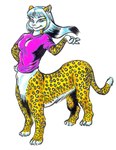 blue_eyes bottomless breasts clothed clothing female fur hair markings simple_background solo spots spotted_body spotted_fur white_background white_hair yellow_body yellow_fur mick_jones chakat_windshear chakat felid felid_taur mammal mammal_taur taur herm_(lore)