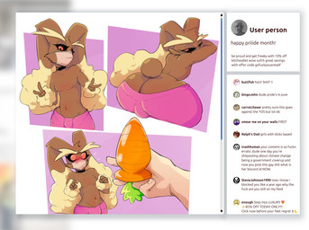 4_fingers 5_fingers anthro ball_bulge big_butt big_ears black_choker black_jewelry black_necklace black_sclera black_text blurred_border blush blush_lines bottomwear brown_body brown_fur bulge bulge_from_behind butt buttplug carrot_buttplug chest_tuft choker clothed clothing comments cotton_tail dipstick_ears disembodied_hand double_v_sign duo ear_markings eyebrows eyelashes femboy fingers floppy_ears fur gesture hand_gesture holding_buttplug holding_object holding_sex_toy humor jewelry lgbt_pride long_ears looking_at_object looking_back male mask multicolored_body multicolored_ears multicolored_fur narrowed_eyes navel necklace nipples pink_bottomwear pink_clothing pink_mask plug_(sex_toy) profanity red_eyes sex_toy social_media tan_body tan_eyebrows tan_fur text thick_eyebrows thick_thighs topless tuft v_sign website shoutingisfun nintendo pokemon ralph_(shoutingisfun) generation_4_pokemon human lopunny mammal pokemon_(species) 2025 comic english_text hi_res