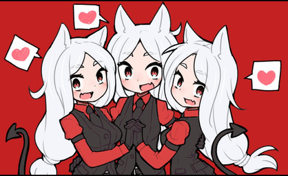 armband belt breasts clothing eyebrows fangs female gloves group hair hand_holding handwear heart_symbol long_hair looking_at_viewer necktie open_mouth red_background red_eyes shirt simple_background spade_tail speech_bubble suit tail teeth topwear vest white_body white_eyebrows white_hair white_skin kuroshirogurei helltaker cerberus_(helltaker) animal_humanoid canid canid_humanoid canine canine_humanoid demon demon_humanoid dog_humanoid humanoid mammal mammal_humanoid