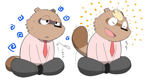 anthro black_nose bottomwear chibi clothing disembodied_hand duo eyes_closed humanoid_hands kemono male necktie pants shirt simple_background sitting solo_focus topwear white_background gayousi7 canid canine mammal raccoon_dog tanuki 2021 hi_res multiple_images