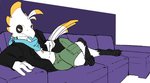 3_toes absurd_res anthro avian bird clothed clothing feet fully_clothed furniture hi_res lying male on_side robin_(otterjunk) scutes securipun sofa solo toes trans_(lore) trans_woman_(lore)