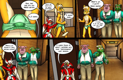 adolescent anthro blush bully bullying caught_in_the_act clothing dialogue diaper discipline embarrassed forced group hazing humiliation jock male public public_humiliation punishment school tail text young young_anthro young_male racketraccoon mythology codyferra avian bird domestic_pig dragon gryphon mammal mythological_avian mythological_creature mythological_scalie scalie suid suine sus_(pig) comic english_text hi_res