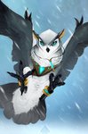 4_toes anisodactyl anklet beak blue_eyes clothed clothed_feral clothing feathered_wings feathers feet female feral jewelry looking_at_viewer necklace snow solo spread_wings toes white_body white_feathers wings elicitie sora_(crytrauv) avian bird owl absurd_res hi_res