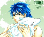 ambiguous_gender blue_hair cloth duo feral fur hair male white_body white_fur unknown_artist toriko_(series) terry_cloth toriko battle_wolf canid canine canis human mammal wolf