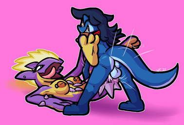 ambiguous_penetration anthro anthro_on_anthro anthro_penetrated anthro_penetrating anthro_penetrating_anthro arch_position areola backsack balls barefoot big_breasts biped black_eyes blonde_hair blue_balls blue_body blue_hair blue_perineum blue_scales breasts cute_fangs duo ear_piercing ear_stud eyewear fangs feet female female_penetrated from_front_position genitals glasses grey_eyewear grey_glasses grin hair half-closed_eyes kerchief leg_markings looking_at_another male male/female male_penetrating male_penetrating_female markings narrowed_eyes nipple_piercing nipples open_mouth orange_nipples penetration perineum piercing pink_background pink_body pink_scales plantigrade purple_body purple_scales red_kerchief scales sex sharp_teeth simple_background smile socks_(marking) spikes spikes_(anatomy) teeth thrusting tongue tongue_out yellow_body yellow_scales ultilix nintendo pokemon ulti_(ultilix) amped_toxtricity generation_8_pokemon lizard pokemon_(species) reptile scalie toxtricity 2025 digital_drawing_(artwork) digital_media_(artwork)