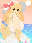 anthro big_breasts bikini breasts clothing female fur hand_on_breast hat headgear headwear huge_breasts legwear looking_at_viewer solo stockings sun_hat swimwear thick_thighs two-piece_swimsuit water yellow_body yellow_fur mochagato sawavhs sawavhs_(artist) animal_crossing nintendo isabelle_(animal_crossing) canid canine canis domestic_dog mammal watermark