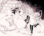 anthro armwear big_tail blush bottomless breasts butt clothed clothing curled_horn cushion duo ear_piercing ear_ring elbow_gloves eyewear female flaccid genitals glasses glistening glistening_clothing glistening_gloves glistening_handwear gloves gynomorph handwear horn intersex lying multi_nipple neck_tuft nipples on_back open_clothing open_topwear penis piercing ring_piercing scales scaly_tail size_difference smile tail tail_tuft topwear topwear_only tuft millkefats chimera elf humanoid hi_res monochrome