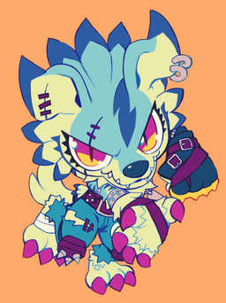 belt black_nose blue_body blue_fur blue_markings chibi claws clothing ear_piercing ear_scar eye_scar eyelashes facial_scar feathers fingers fist fur male markings orange_background piercing pupils purple_claws scar sharp_teeth simple_background slit_pupils smile solo spikes teeth toe_claws yellow_eyes extyrannomon_(artist) bandai_namco digimon canid canine digimon_(species) mammal werecanid werecreature weregarurumon hi_res