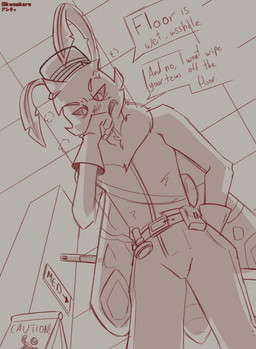 angry antennae_(anatomy) anthro blush bottomwear clothing cross-popping_vein dialogue flashlight frown gloves half-closed_eyes hand_in_pocket hand_on_face handwear janitor looking_at_viewer looking_down low-angle_view male mane moth_antennae narrowed_eyes open_mouth pants pockets profanity solo speech_bubble talking_to_viewer text wet_floor_sign worm's-eye_view skweekers space_station_13 koho_(skweekers) arthropod insect lepidopteran moth 2025 english_text hi_res sketch