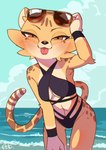 anthro beach bikini blep cheek_tuft clothed clothing eyewear eyewear_on_head facial_tuft female female_anthro fur kemono looking_at_viewer markings outside sand sea seaside sky solo spots spotted_body spotted_fur sunglasses sunglasses_on_head swimwear tail tail_markings tongue tongue_out tuft two-piece_swimsuit water el-k akino_(el-k) cheetah felid feline mammal 2022 absurd_res digital_media_(artwork) hi_res