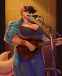 acoustic_guitar anthro big_breasts big_bulge biped bracelet breasts brown_hair bulge canid canine canis cleavage clothed clothing detailed_bulge electronics eyes_closed guitar gynomorph gynomorph_anthro hair hi_res intersex intersex_anthro jewelry mammal microphone microphone_stand microphone_wire musical_instrument open_clothing open_shirt open_topwear plucked_string_instrument shirt solo sparkles string_instrument topwear wmdiscovery93 wolf