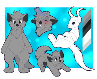 black_eyes blush feral floating fur grey_body grey_fur headpat lying male on_front plushie possessed_inanimate smile solo standing stitch_(sewing) white_body feve zaia_(tamerlee) animate_inanimate canid canine canis fairy ghost living_plushie mammal spirit wolf model_sheet