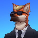 1:1 agent_lang_(li'l_melon) anthro blonde_hair bust_portrait canid canine eyewear flaviomodezto fur hair hi_res inner_ear_fluff low-angle_view male mammal maned_wolf mohawk necktie orange_body orange_fur portrait serious serious_face solo strays_in_paradise sunglasses tuft