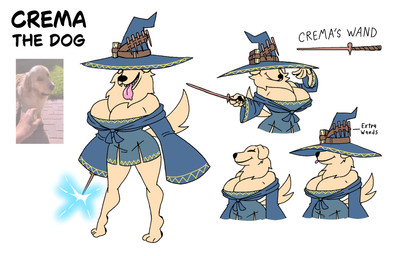 anthro barefoot big_breasts breasts clothing eyes_closed feet female fur hat headgear headwear huge_breasts magic magic_user oversized_sleeves pose sharp_teeth solo teeth tongue tongue_out wand witch witch_hat diegutan crema_the_dog canid canine canis domestic_dog mammal hi_res model_sheet reference_image