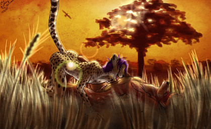 all_fours animal_genitalia anthro balls detailed_background duo erection genitals grass hair interspecies lying male male/male nude on_back outside penis plant predator/prey purple_hair savanna scenery sheath spots sunset tail tongue tongue_out tree wood mickey_the_retriever antelope bovid bovine cheetah felid feline mammal sitatunga spiral-horned_antelope 2012