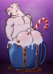 anthro beard beverage big_butt big_muscles blush bodily_fluids butt candy candy_cane chocolate container cup dessert eyebrows facial_hair food fur hot_chocolate looking_back male marshmallow mature_anthro mature_male muscular muscular_anthro muscular_male mustache narrowed_eyes nude overflow partially_submerged purple_background simple_background sitting smile solo sweat sweatdrop thick_thighs tuft daxhush ben_thompson bear mammal polar_bear ursine 2025