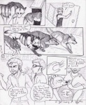 ambiguous_gender canid canine canis clothed clothing comic coop_(wrng) dialogue digitigrade english_text feral fur graphite_(artwork) greyscale group human male mammal monochrome natsume_(wrng) natsumewolf oz_(wrng) pencil_(artwork) quadruped rikku tail text traditional_media_(artwork) wolf wolf's_rain wolf's_rain_next_generation