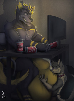 anthro ball_worship balls balls_on_face balls_on_head big_balls big_bulge big_penis bodily_fluids body_worship bulge chair clothed clothing collar duo furniture genital_fluids genital_worship genitals huge_balls huge_bulge huge_penis hyper hyper_balls hyper_bulge hyper_genitalia hyper_penis leaking_penis leaking_precum male male/male on_chair penis penis_on_face precum sitting sitting_on_chair smile under_table underwear underwear_only vodcat elsifthewolf vod_(vodcat) canid canine canis domestic_cat felid feline felis mammal wolf hi_res