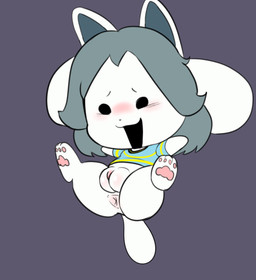 anthro anus blush chibi clothed clothing female genitals hair paws plump_labia simple_background solo topwear vulva white_body dizzytizzy undertale undertale_(series) temmie_(undertale) canid canine felid feline mammal tem hi_res