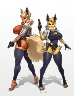 anthro biped breasts butt claws clothed clothed_anthro clothed_female clothing duo feet female fingers front_view fur gloves gun hair handwear looking_at_viewer ranged_weapon simple_background standing toes weapon pgm300 nintendo pokemon juliette_(vulfox) karissa_(vulfox) eeveelution flareon generation_1_pokemon jolteon pokemon_(species) 2026 absurd_res digital_drawing_(artwork) digital_media_(artwork) hi_res