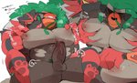 anthro balls big_pecs blush brown_body censor_removal_edit duo erection generation_7_pokemon generation_8_pokemon genitals hand_on_chest hyaku_(artist) incineroar japanese_text leaf leaf_hair looking_pleasured male male/male muscular muscular_anthro muscular_male nintendo nipple_fetish nipple_pinch nipple_play nipples pec_grab pec_squeeze pecs penis pinch plant plant_hair pokemon pokemon_(species) pseudo_hair red_body rillaboom text third-party_edit translation_request