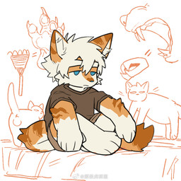 anthro anus balls blue_eyes brown_clothing brown_topwear claws clothing fur genitals hair male orange_body orange_fur pawpads solo teeth_showing topwear white_body white_fur white_hair x_anus milkybot hu_ku_li_(milkybot) domestic_cat felid feline felis mammal 1:1