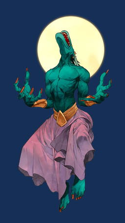 anthro athletic blue_body blue_skin bottomwear clothing crown floating hair halo headgear jewelry long_ears long_nails magic_user male open_mouth purple_bottomwear purple_clothing purple_skirt religion skirt solo teeth translucent vein yellow_eyes unknown_artist saviorless_(empty_head_games) nento_(saviorless) asinus donkey equid equine mammal hi_res official_art