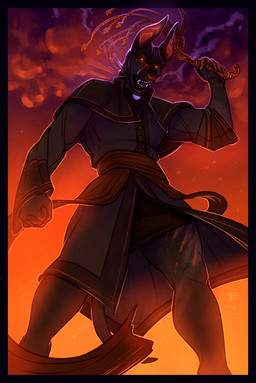 anthro black_body black_fur fur glowing glowing_eyes glowing_markings gradient_background long_ears low-angle_view male markings orange_background orange_markings pointy_ears priest priest_robes purple_background simple_background smoke snarling solo steam whip interkos kinktober mythology canid canid_demon canine canis demon domestic_dog hellhound mammal mythological_canine mythological_creature pharaoh_hound primitive_dog 2023 full-length_portrait hi_res portrait sketch