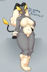 anthro big_breasts blush breasts dialogue featureless_breasts female fusion genitals leaking_pussy looking_at_viewer pussy slightly_chubby solo text kuro_draw nintendo pokemon raipunny val_lovelight generation_1_pokemon generation_4_pokemon lopunny pokemon_(species) raichu absurd_res hi_res spanish_text