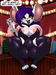 anthro areola balls_outline biped breasts bulge clothed clothing detailed_bulge dialogue eyelashes feet genital_outline gynomorph hair intersex legwear pupils purple_hair solo speech_bubble text thick_thighs thigh_highs toes whiskers white_body conditional_dnp suirano miyu_(suirano) mammal mouse murid murine rodent 3:4 english_text hi_res