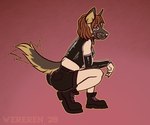 alternative_fashion ambiguous_gender animal_mask bdsm boots brown_eyes clothing collar colored_nails female footwear goth hair hood latex mask nails orange_hair petplay pup_mask puppyplay roleplay shoes tail tail_motion tailwag wereren human mammal