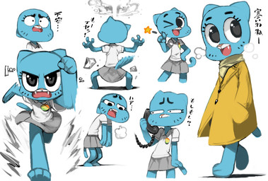 alternate_costume angry anthro blue_body blue_fur bottomwear clothing cloud cute_fangs electronics fangs female fur happy looking_at_viewer mature_anthro mature_female mushroom_cloud one_eye_closed open_mouth phone running simple_background skirt solo star teeth text tired topwear walking whiskers white_background wink ysk! cartoon_network the_amazing_world_of_gumball nicole_watterson domestic_cat felid feline felis mammal 2015 japanese_text multiple_images translation_request