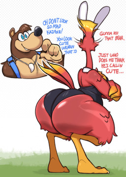 anthro big_butt blush blush_lines brown_body brown_fur bunny_costume butt clothing costume dialogue duo fake_ears fake_rabbit_ears feathers female fur glistening glistening_butt huge_butt looking_away male rear_view red_body scuted_legs scutes simple_background smile standing tail tail_feathers text tight_clothing white_background xingscourge banjo-kazooie rareware banjo_(banjo-kazooie) kazooie avian bear breegull mammal 2025 digital_media_(artwork) english_text hi_res