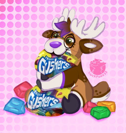 antlers brown_body brown_fur chibi eyewear fur giant_food glasses highlights_(coloring) hooves horn pink_background purple_highlights simple_background smile white_body white_fur wide_eyed conditional_dnp luckfoxo33 fruit_gushers deer mammal new_world_deer reindeer