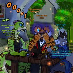 anthro anthrofied bamboo big_breasts big_butt black_nose blue_eyes blue_sclera breasts brown_eyes butt chopsticks claws cleavage clothed clothing comforting detailed_background dialogue dress female flower_on_head food fur furniture grin group hand_on_shoulder money motion_lines multicolored_body multicolored_fur night noodles poster sitting small_breasts smile steam stripes table tail teasing teeth text tongue torn_clothing trio mrtoastsandwich dreamworks kung_fu_panda the_siren_lotus master_tigress master_viper zhen_(kung_fu_panda) arthropod beetle canid canine elateroid felid firefly fox insect mammal pantherine reptile scalie snake tiger 1:1 chinese_text hi_res