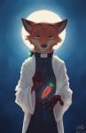 anthro brown_body brown_fur carrot carrot_pen cassock catholic claws clothed clothing collar food fur green_eyes half-closed_eyes looking_at_viewer male narrowed_eyes orange_body orange_fur pawpads pen plant priest robe saint shock_collar solo text vegetable kristall004 disney zistopia zootopia nick_wilde canid canine fox mammal red_fox true_fox 2016 english_text hi_res signature