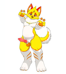 animal_genitalia animal_penis anthro aroused balls belly biped canine_genitalia canine_penis erection front_view fur genitals gesture hand_gesture knot knotted_penis magic_user male orange_body orange_fur penis simple_background smile solo standing tail v_sign white_belly white_body white_fur yellow_body munimuni luzo canid canine canis domestic_dog mammal absurd_res hi_res