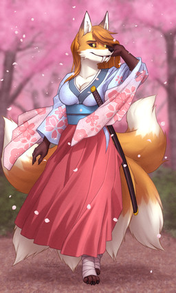 6_tails anthro asian_clothing black_sclera breasts cherry_blossom cleavage clothed clothing dipstick_tail east_asian_clothing fangs female flower fur glowing glowing_eyes japanese_clothing katana kimono markings melee_weapon multi_tail overbite plant prunus_(flower) solo spring sword tail tail_markings teeth tree weapon yellow_eyes mykegreywolf canid canine fox fox_spirit mammal 2023 3:5 absurd_res digital_media_(artwork) hi_res