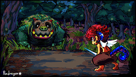 ambiguous_gender anthro barefoot black_eyes bottomwear clothed clothing curled_horn detailed_background digitigrade duo feathered_wings feathers feet forest fur green_body green_scales hair holding_object holding_weapon horn looking_at_another melee_weapon moss pants plant pupils quadruped red_eyes red_hair scales sharp_teeth short_hair size_difference stinger stinger_tail sword tail tan_body tan_fur teeth topless tree weapon white_pupils wings actualpendragon banjirou ambiguous_species felid lion mammal monster pantherine digital_drawing_(artwork) digital_media_(artwork) hi_res