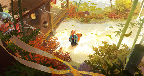 anthro asian_clothing bamboo biped bird's-eye_view building clothed clothing decoration detailed_background east_asian_architecture east_asian_clothing falling_leaves fully_clothed high-angle_view house japanese_clothing katana kemono kimono lamp lantern male melee_weapon monk perspective plant religion scabbard solo sword tree weapon wind zen_garden lokey buddhism mahayana_buddhism zen_buddhism ailurid mammal red_panda digital_media_(artwork) hi_res warm_colors