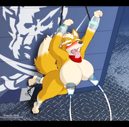 anthro big_breasts black_bars blush bodily_fluids bound breast_milking breasts chain crossgender feet female green_eyes huge_breasts lactating machine milk milking_machine mtf_crossgender nipples slave solo submissive submissive_female dracojeff nintendo star_fox fox_mccloud canid canine fox mammal 2016 letterbox