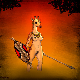 africa animal_genitalia animal_vulva anthro black_nipples black_vulva breasts ear_piercing ear_ring female genitals horn jewelry melee_weapon nipples nude ossicone piercing polearm ring_piercing shield solo spear sunny tribal vulva warrior weapon kincute mwamini giraffe giraffid mammal 1:1 hi_res