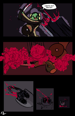 blood bodily_fluids dialogue female green_body holding_melee_weapon holding_object holding_shield holding_sword holding_weapon horn melee_weapon shield sword text weapon yellow_eyes brradett microsoft the_elder_scrolls lernie_(brradett) argonian scalie undead absurd_res comic english_text hi_res