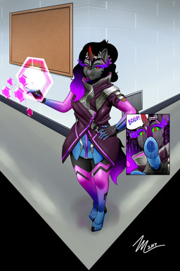 anthro anthrofied black_hair boop clothing crossgender crown eye_mist female hair headgear horn red_eyes solo technology amara_burrger blizzard_entertainment friendship_is_magic hasbro my_little_pony mythology overwatch king_sombra_(mlp) sombra_(overwatch) equid equine mammal mythological_creature mythological_equine unicorn 2017 hi_res