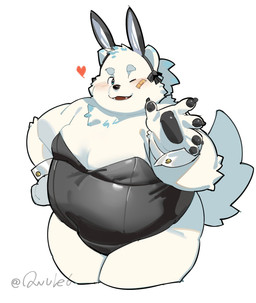 anthro belly blush bulge fake_ears fake_rabbit_ears fur hair heart_symbol male moobs one_eye_closed overweight pawpads playboy_bunny playboy_outfit ponytail smile solo white_body white_fur wink owule lifewonders live_a_hero yohack canid canine canis domestic_dog mammal nordic_sled_dog samoyed spitz hi_res