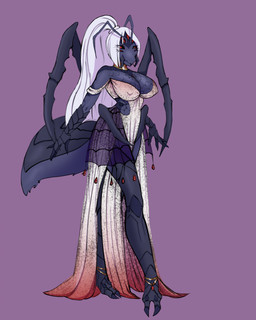 2_toes 4_fingers 4_legs anklet anthro arthropod_abdomen bent_legs big_breasts black_body black_skin blue_body blue_skin breasts clothed clothed_anthro clothed_female clothing collar dress empty_eyes eye_through_hair eyelashes eyelashes_through_hair feet female female_anthro fingers gem gold_(metal) gold_anklet gold_collar gold_jewelry hair jewelry lidded_eyes light long_hair metal_collar multicolored_body multicolored_clothing multicolored_dress multicolored_skin nipple_outline nipples non-mammal_breasts non-mammal_nipples open_mouth ponytail pose purple_background red_eyes red_sclera ruby_(gem) simple_background solo toes translucent translucent_hair white_clothing white_dress white_eyes white_hair white_hair_tie polarrcrystall shri'zyne_(silverrepublic) arachnid arthropod demon draegloth drow elf hybrid 2025 colored digital_drawing_(artwork) digital_media_(artwork) english_description full-length_portrait hi_res lighting portrait shaded