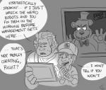 anthro dialogue group machine male necktie open_mouth smile speech_bubble teeth text disney five_nights_at_freddy's scottgames wreck-it_ralph fix-it_felix freddy_(fnaf) ralph_(wreck-it_ralph) animatronic human mammal robot 2014 crossover english_text low_res monochrome watermark